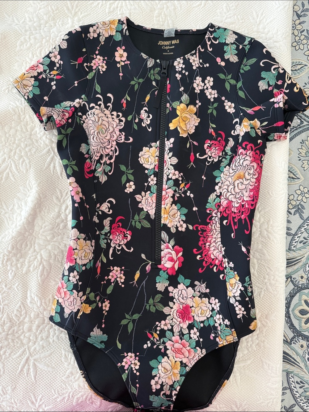 Johnny Was Black Floral Zip-Front neoprene wetsuit  with Pink & Yellow Accents